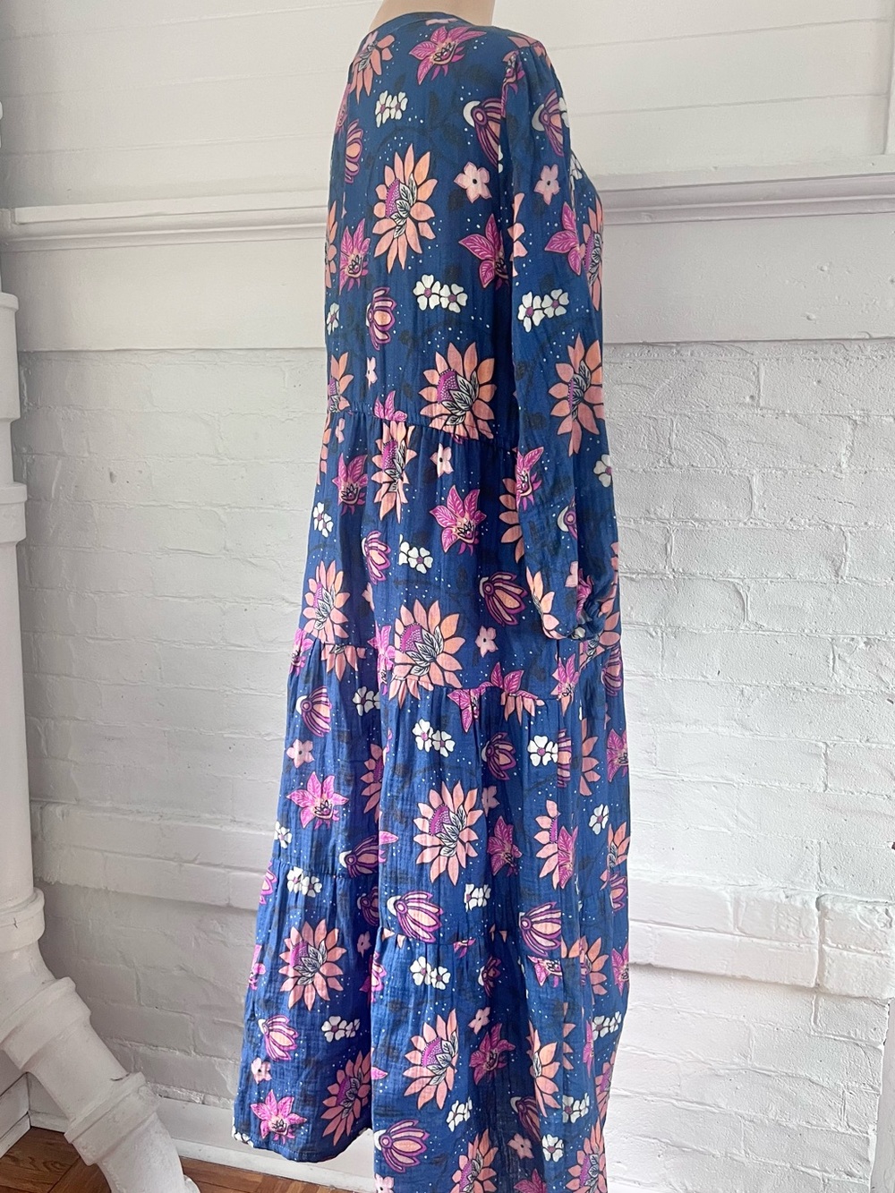 Marine Layer Willow Midi Dress in Floral Batik Blue Pink Natural Fiber Size XL - Picture 7 of 16